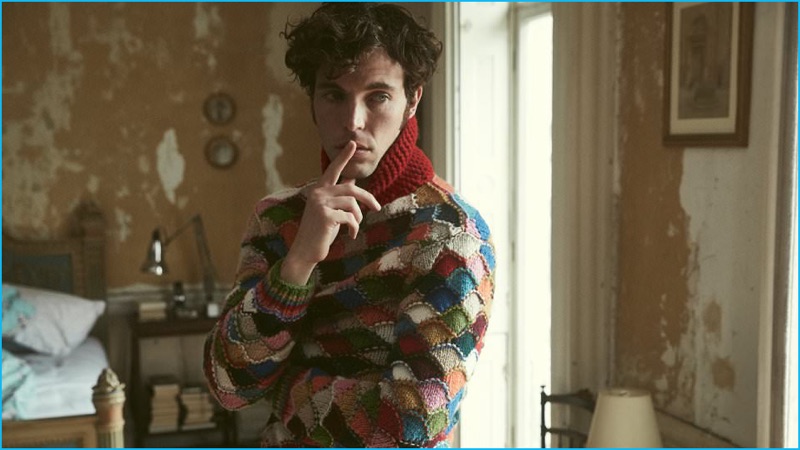 Tom Hughes wears Prada's intarsia shetland wool cardigan for Mr Porter's The Journal.