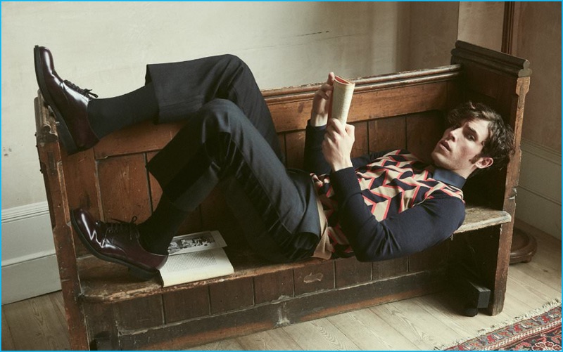 Tom Hughes relaxes in a fall-winter 2016 look from Prada for Mr Porter's The Journal.