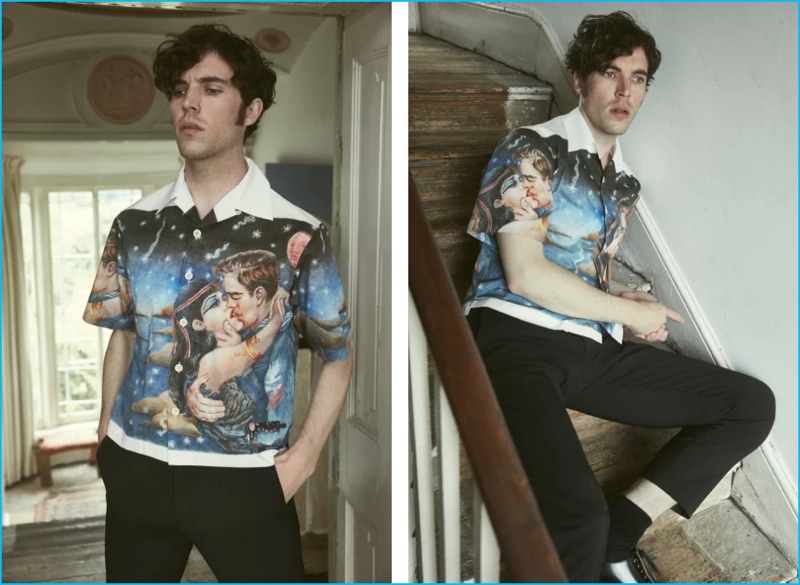 Tom Hughes pictured in a graphic Prada shirt for Mr Porter's The Journal.