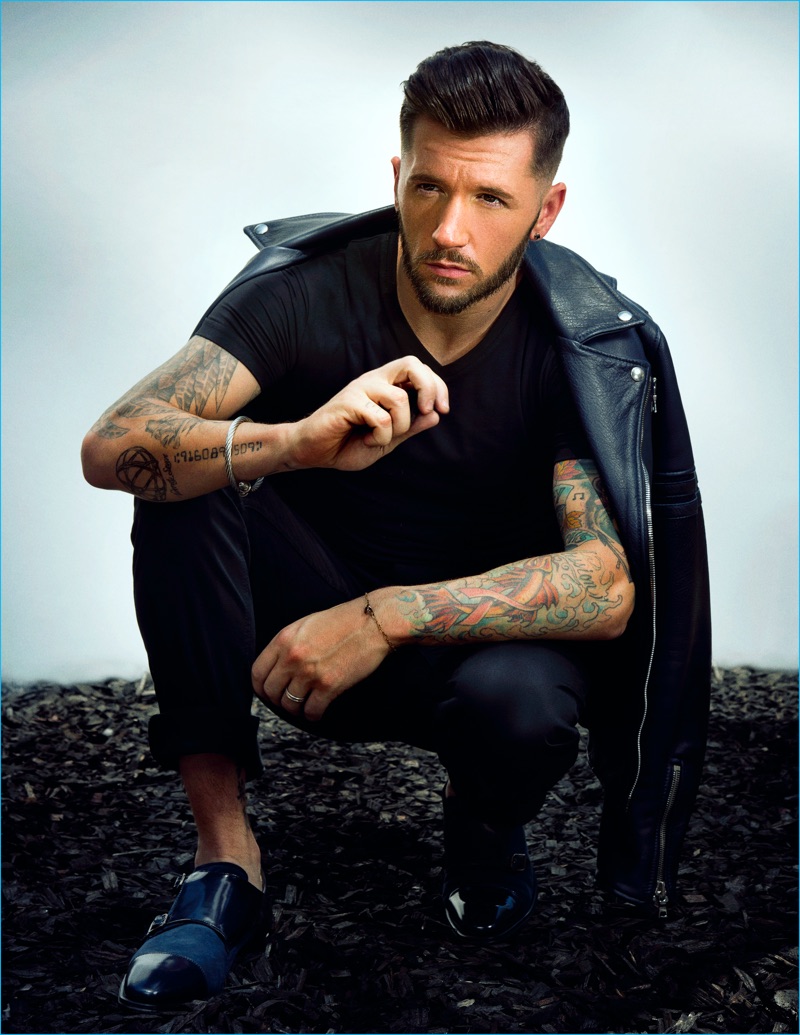 Travis Wall rocks a Beautiful Fül leather biker jacket with Mezlan shoes and Theory jeans.