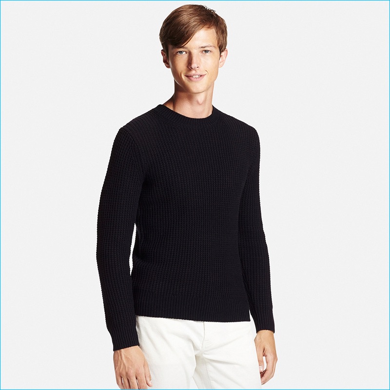 Uniqlo Men's Black Middle Gauge Waffle Crewneck Sweater