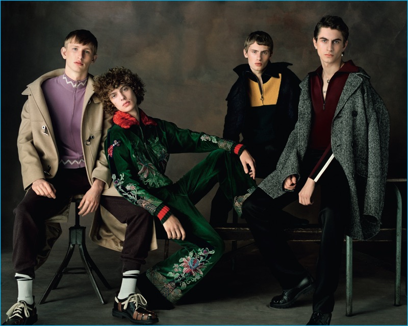 Left to Right: Conner wears all clothes Versace and shoes Prada. Leon wears all clothes Gucci and shoes Prada. Lemmie wears pants Burberry, jacket and sweater Carven. Henry wears all clothes Burberry and shoes Dries Van Noten.