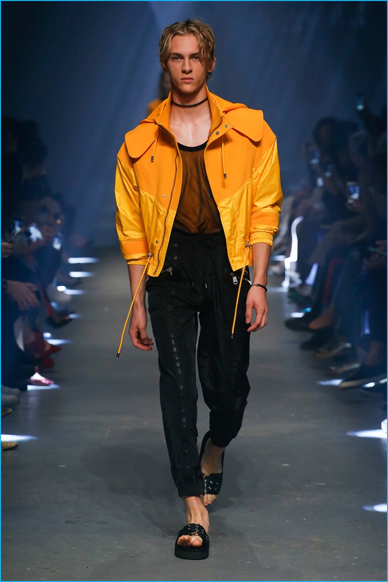 Versus Versace adds a pop of color with a bold mustard yellow jacket for spring-summer 2017.