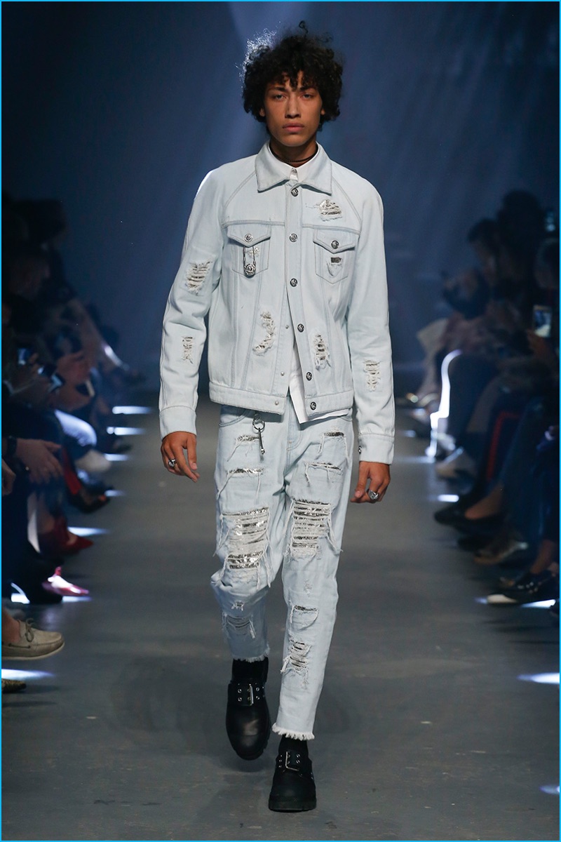 Versus Versace embraces ripped denim with aluminum mesh for spring-summer 2017.