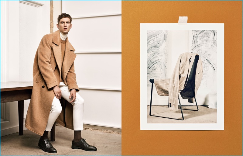 Mathias Lauridsen wears an oversized camel coat from Zara Man's fall-winter 2016 Studio collection.