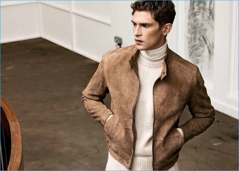 Mathias Lauridsen sports a brown racer jacket with a chic turtleneck from Zara Man's fall-winter 2016 Studio collection.