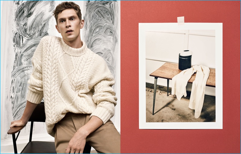 Embracing neutrals, Mathias Lauridsen models a fisherman knit sweater from Zara Man's fall-winter 2016 Studio collection.