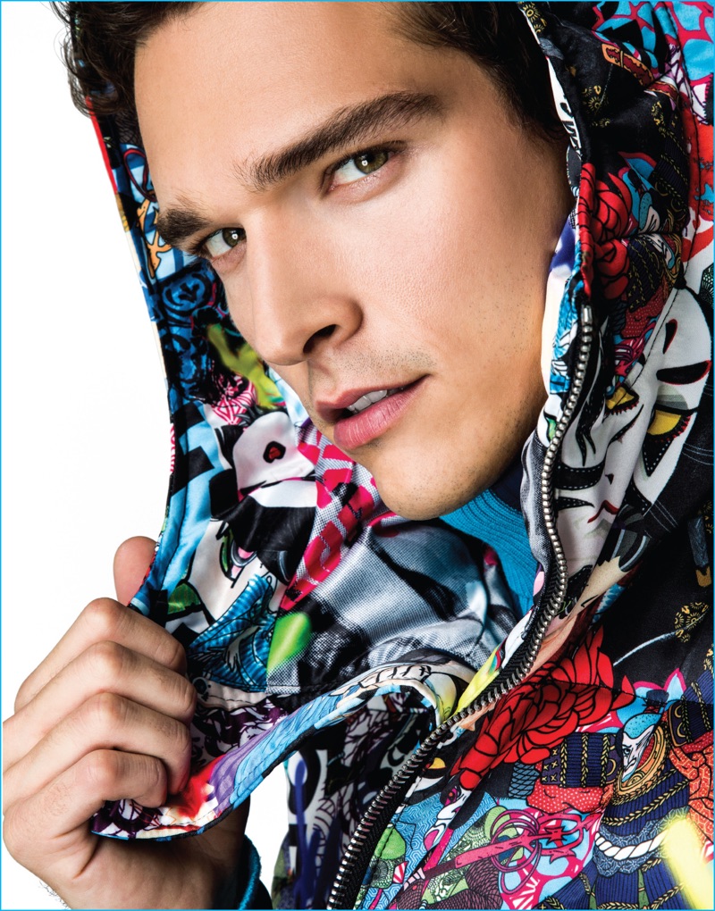 Top model Alexandre Cunha wears a Tokyo-inspired print parka from Dsquared2.