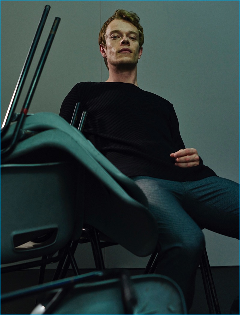 Alfie Allen wears a Whistles top with Farah trousers for Hunger magazine.