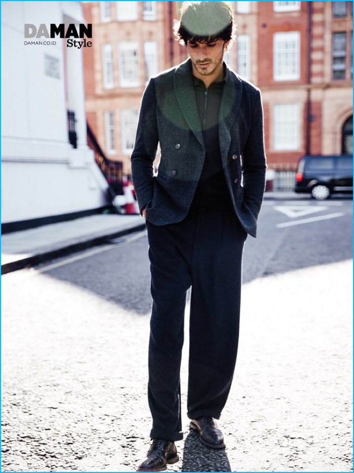 Andres Velencoso is front and center in a look from Italian fashion house Giorgio Armani.