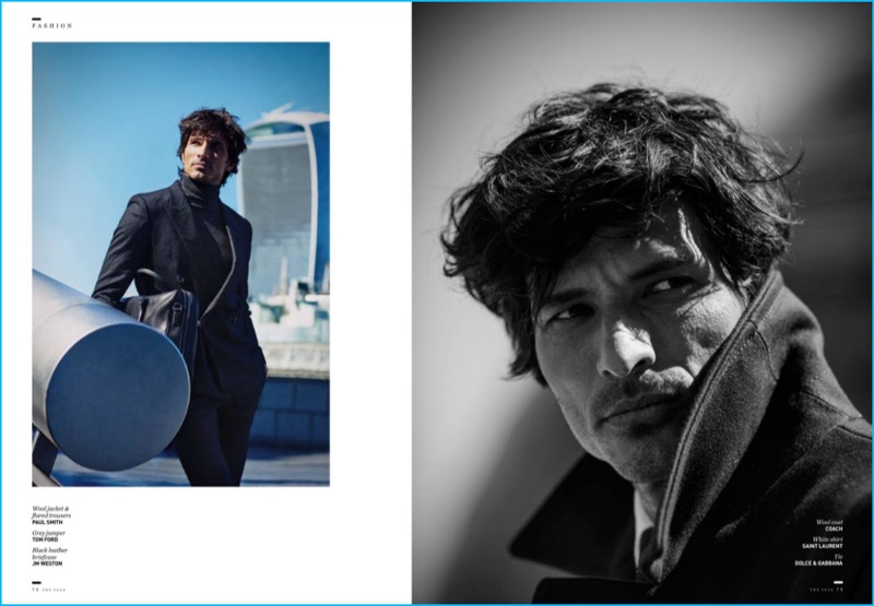 Steven Doan outfits Andres Velencoso in a Paul Smith suit and Coach coat for The Peak magazine.