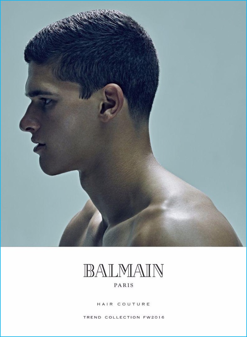 Trevor Signorino delivers a side profile of a close clean cut for Balmain's fall-winter 2016 hair trends book. 