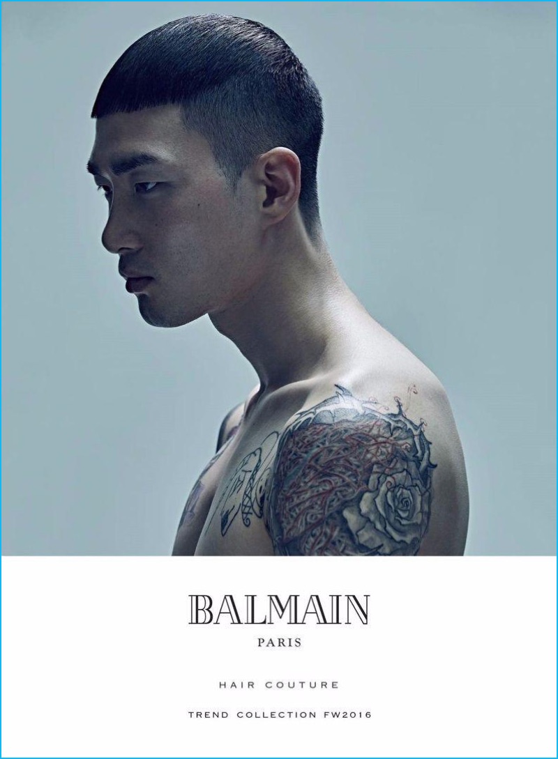 Korean model Noma Han showcases a modern hairstyle for Balmain's fall-winter 2016 hair trends book. 