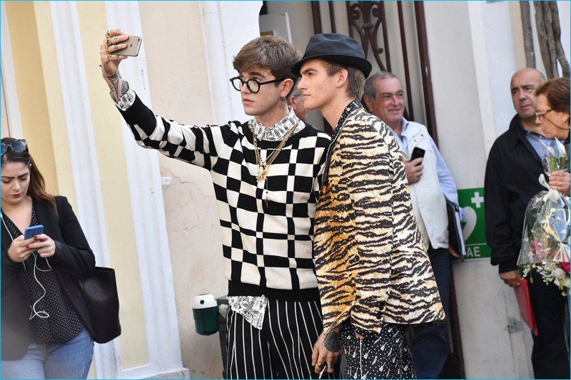 Gabriel-Kane Day-Lewis poses for a selfie with Presley Gerber in designs from Dolce & Gabbana's spring-summer 2017 collection.