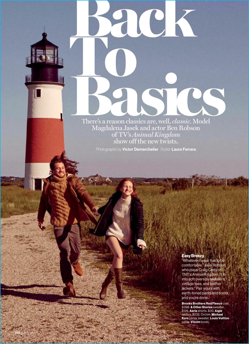 Victor Demarchelier photographs Ben Robson and Magdalena Jasek for Glamour. Robson wears a Michael Kors parka and cable-knit turtleneck sweater with Louis Vuitton pants and Visvim boots.