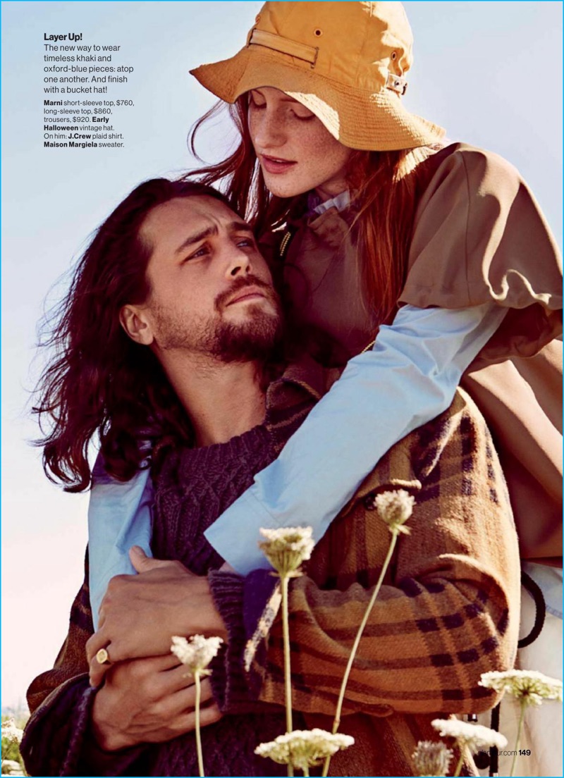 Ben Robson joins model Magdalena Jasek for a Glamour editorial, wearing a J.Crew plaid shirt and Maison Margiela sweater.