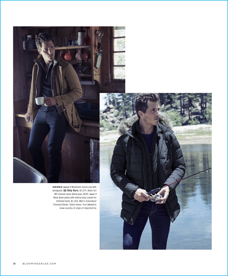 English model Ollie Edwards sports a trench coat and down jacket from Herno for Bloomingdale's.