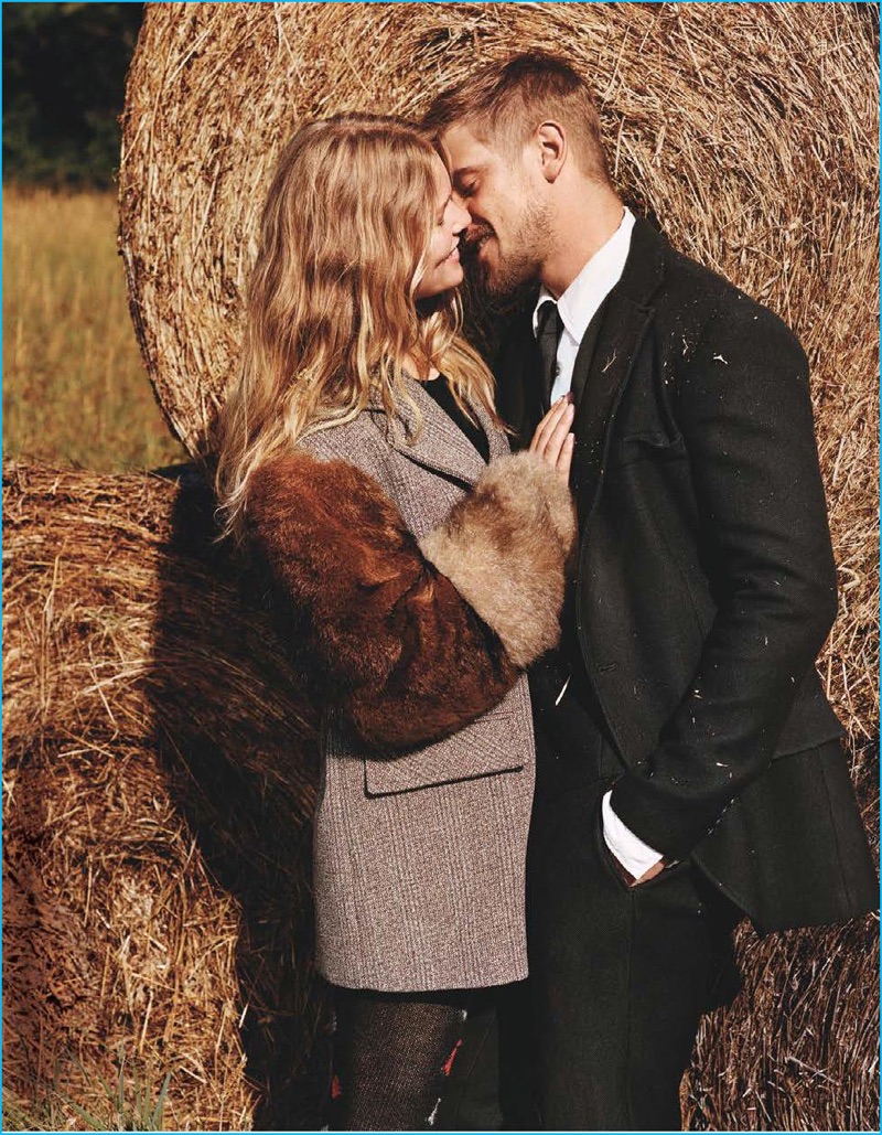 Flirting with Anna Ewers, Boyd Holbrook is pictured in tailored separates, styled by Michael Philouze for Vogue.