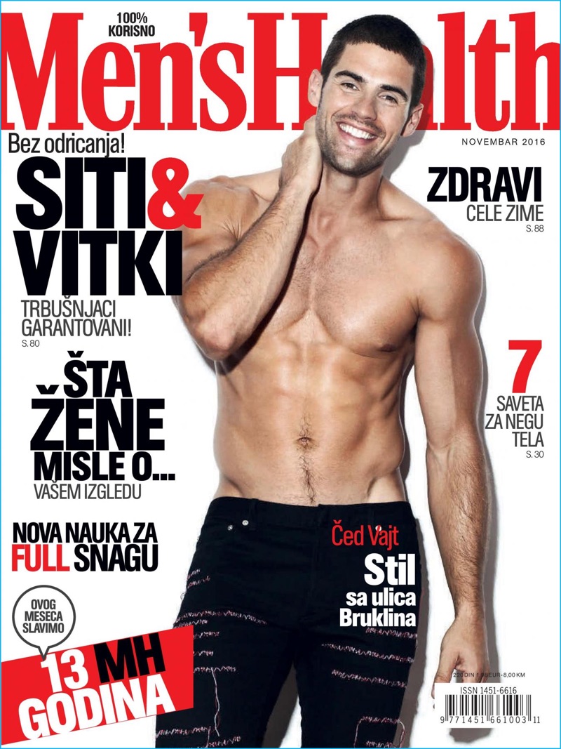 A shirtless Chad White is all smiles for the November 2016 cover of Men's Health Serbia.