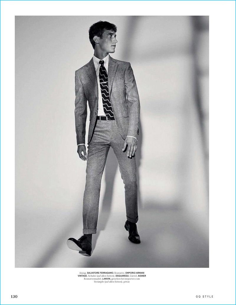 Tobias Frericks styles Clément Chabernaud in a Salvatore Ferragamo suit for GQ Style Germany.