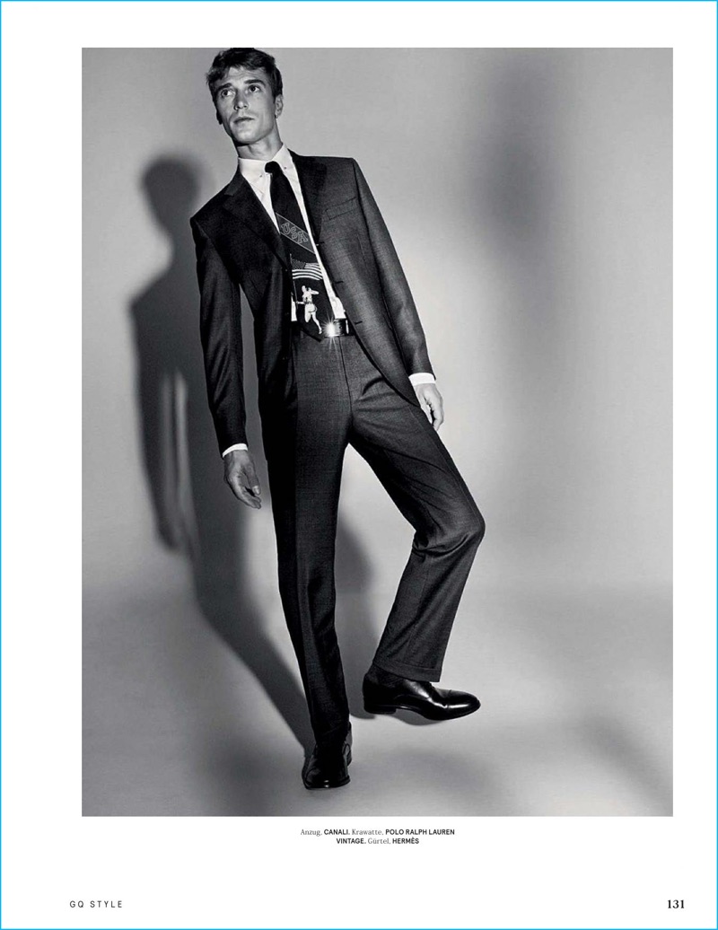 Appearing in a fashion editorial for GQ Style Germany, Clément Chabernaud dons a Canali suit.