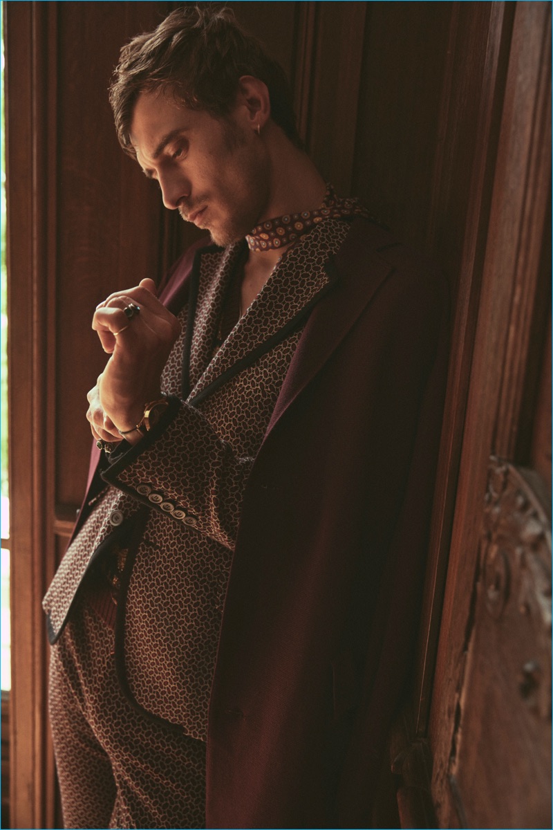 Stefano Galuzzi photographs Clément Chabernaud in a dandy suit from Gucci.