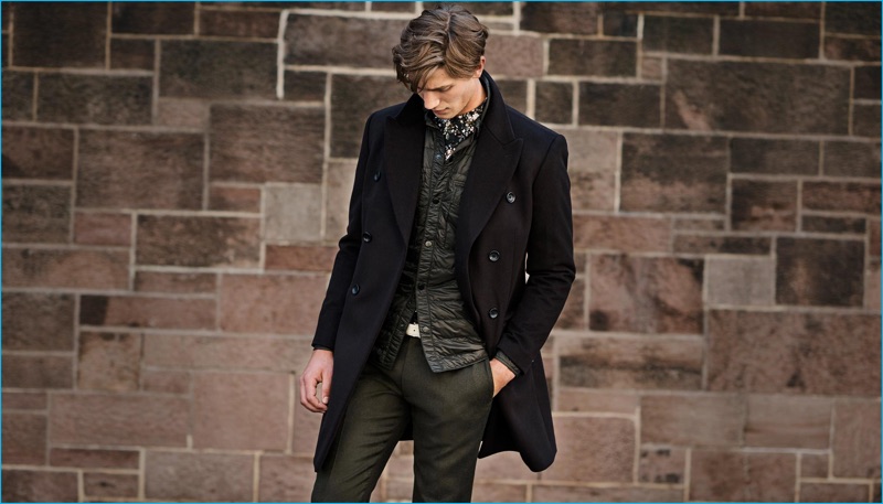 A Study in Style: Discover Club Monaco’s New Fall Staples Matte and shine come together with Club Monaco's outfit proposal of a wool cashmere topcoat, quilted CPO shirt, slim dark floral shirt, and Sutton wool melange trousers.