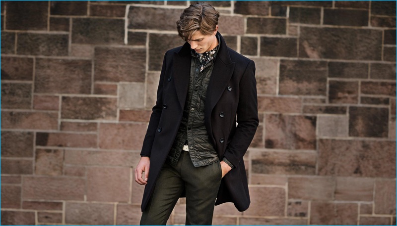 Matte and shine come together with Club Monaco's outfit proposal of a wool cashmere topcoat, quilted CPO shirt, slim dark floral shirt, and Sutton wool melange trousers.