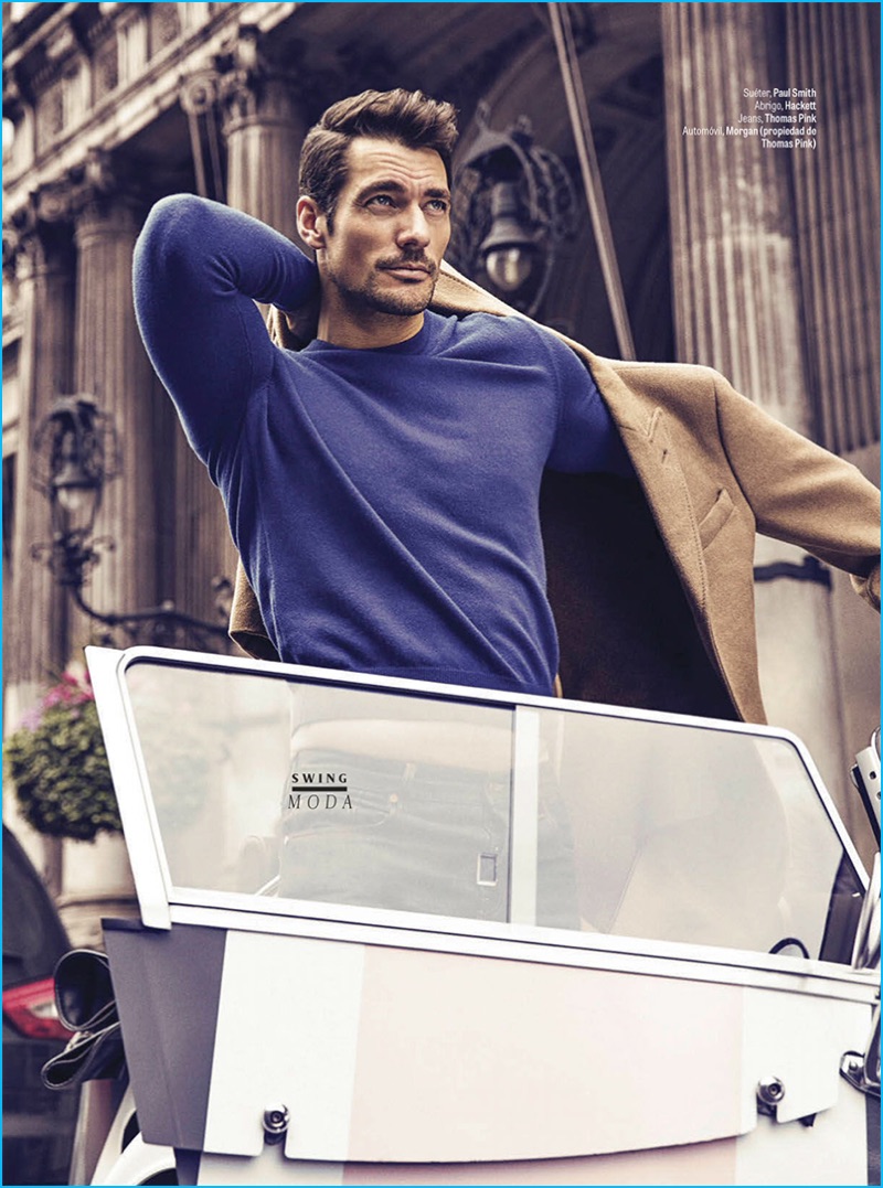 David Gandy pictured in a blue sweater from Paul Smith with a Hackett London camel coat for GQ México.