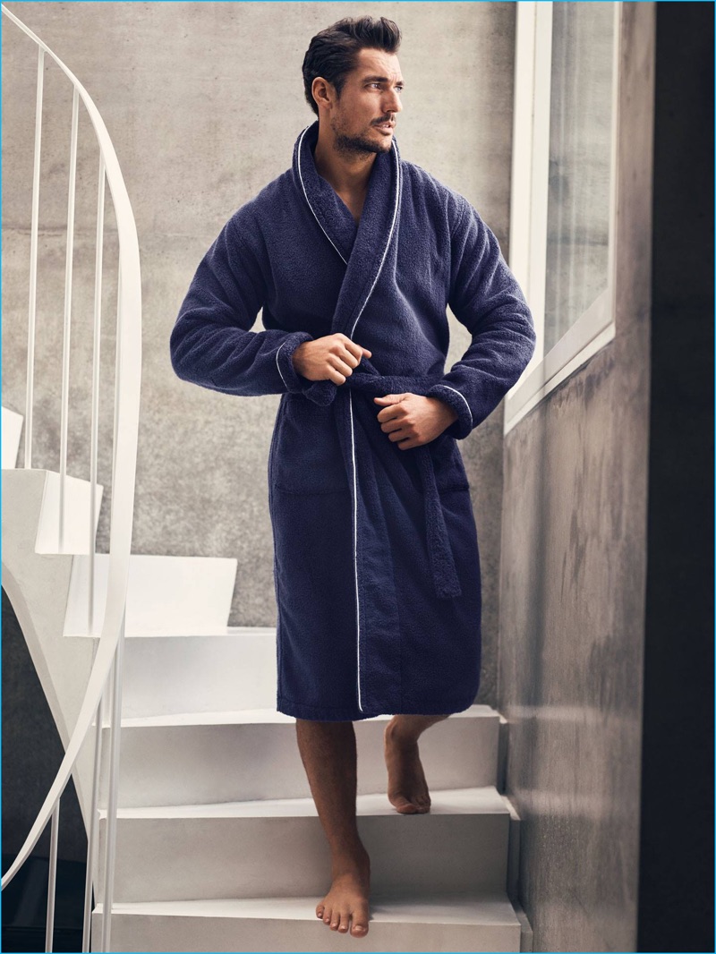 English model David Gandy dons a robe from his Autograph line at Marks & Spencer.