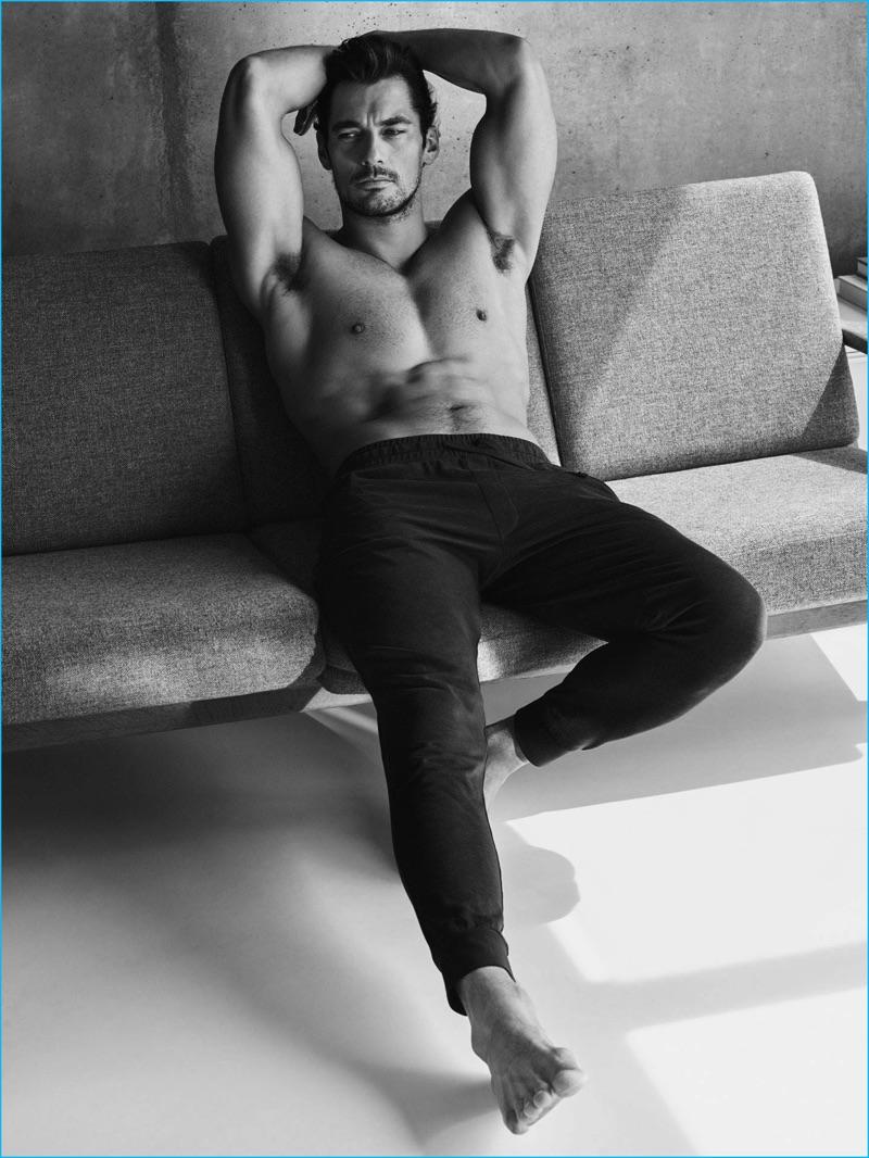 David Gandy lounges in leisure pants from his new Marks & Spencer Autograph line.