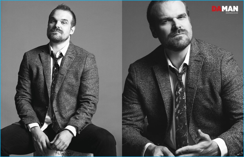 Stranger Things star David Harbour dons a blazer and shirt from John Varvatos Star USA. Harbour also sports an Eton tie and denim from AG Jeans.