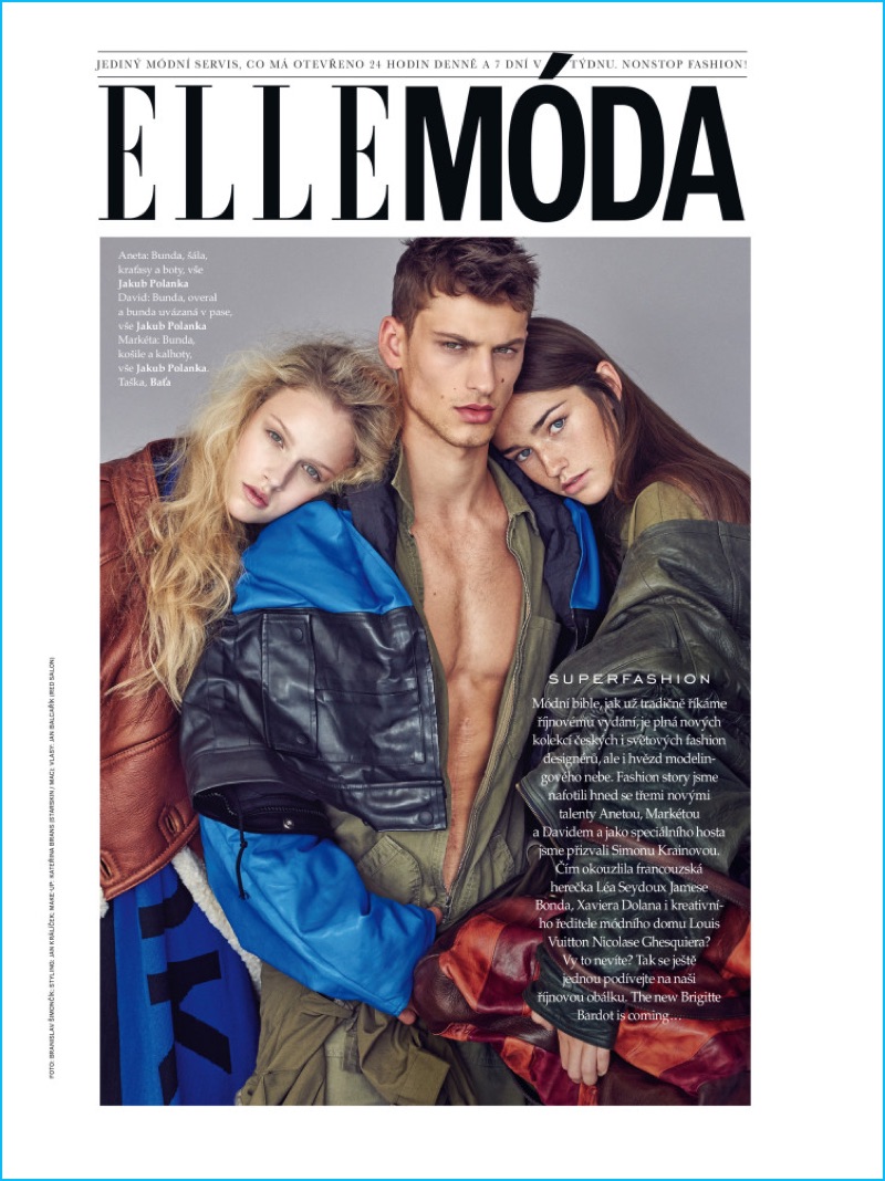 Clad in fall-winter 2016 jackets, David Trulik, Aneta Mestanova, and Marketa appear in an editorial for Elle Czech.