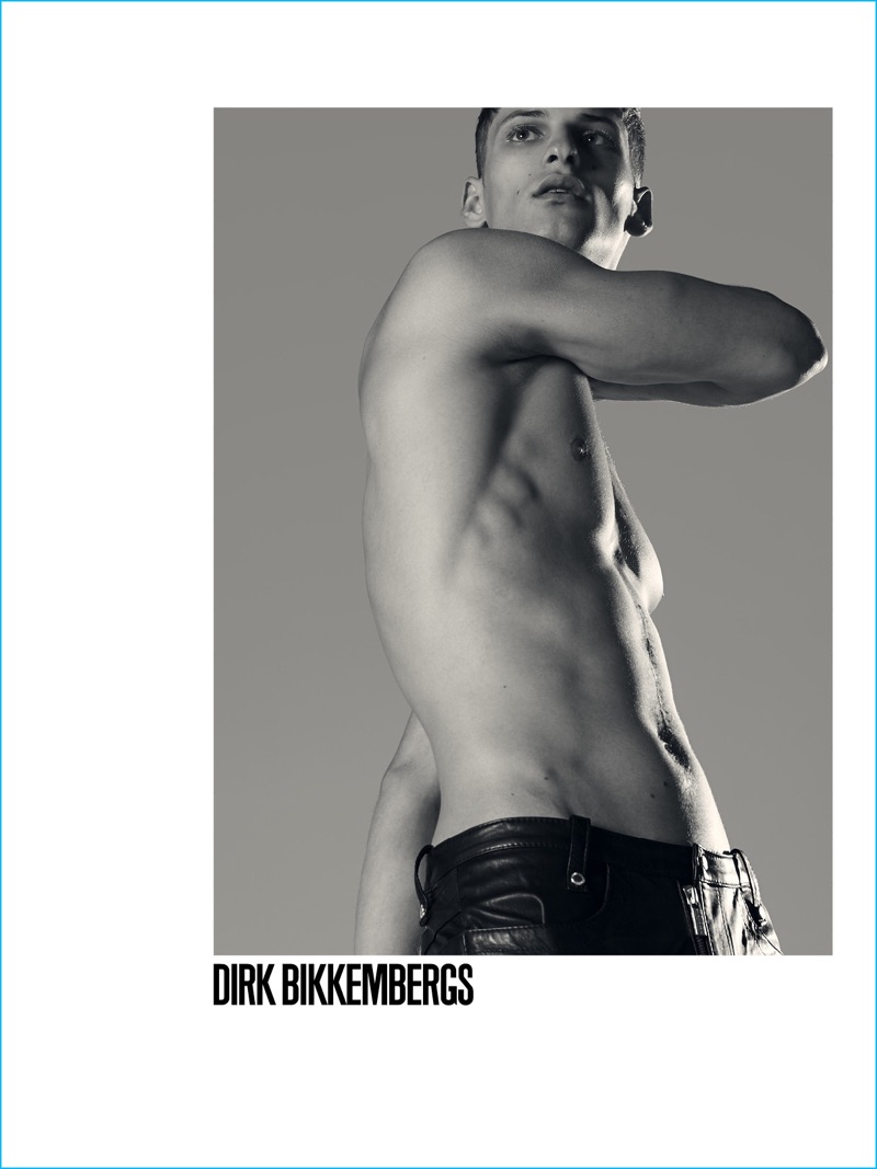 Going shirtless in a pair of leather pants, David Trulik stars in Dirk Bikkembergs' fall-winter 2016 campaign. 