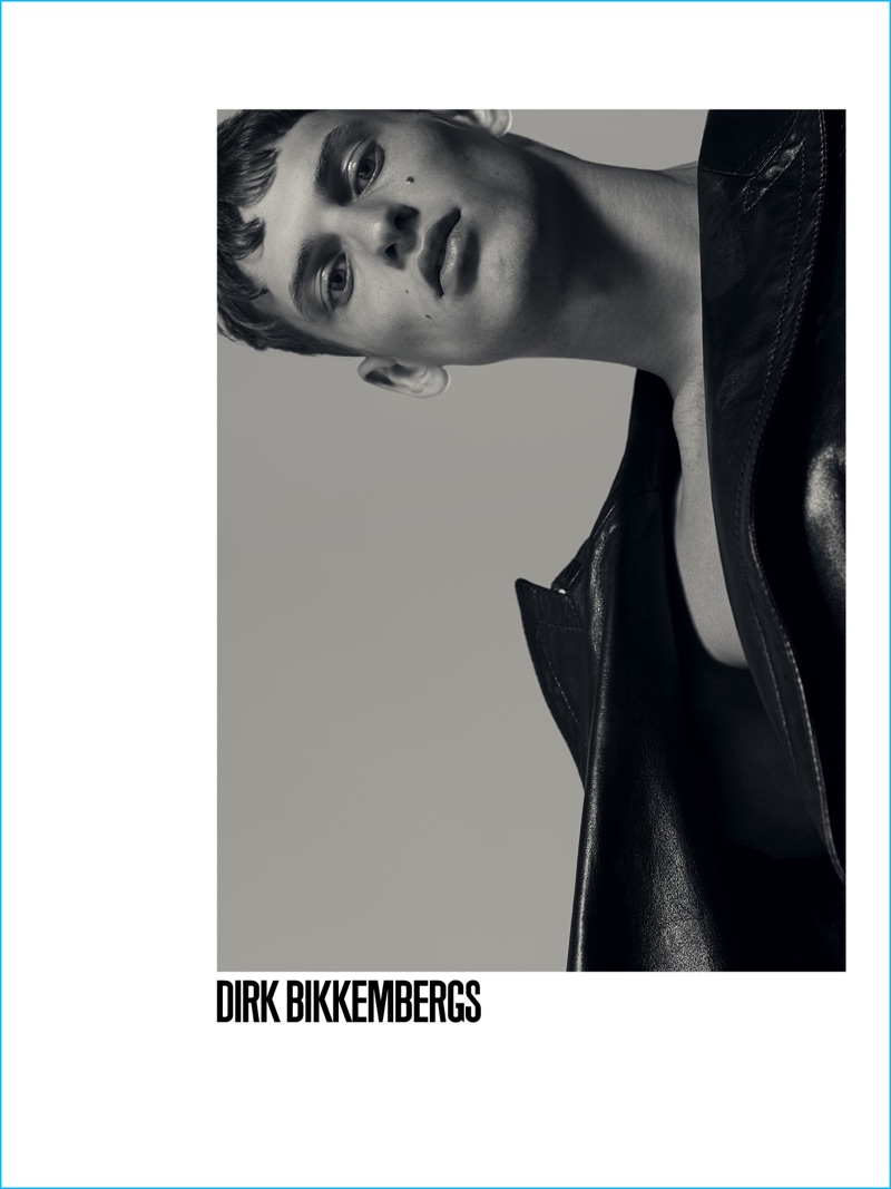 David Trulik rocks leather fashions for Dirk Bikkembergs' fall-winter 2016 campaign.