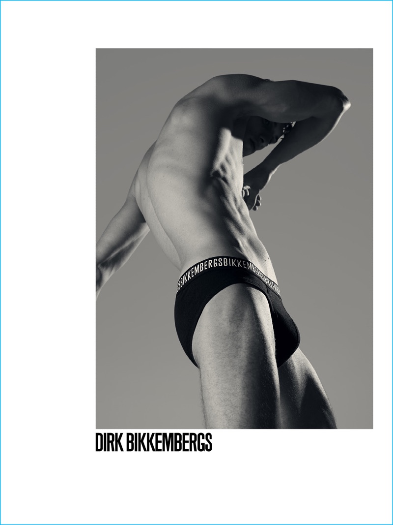 Sporting underwear, David Trulik appears in a black & white image for Dirk Bikkembergs' fall-winter 2016 campaign.