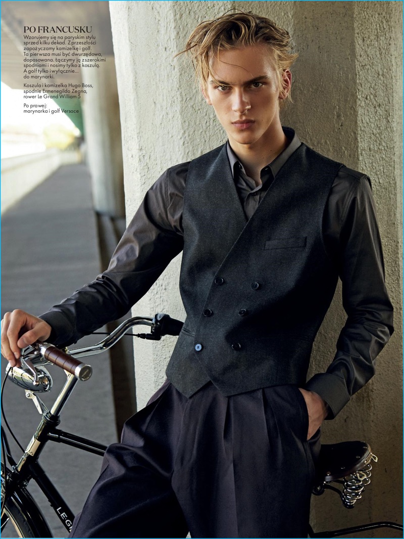 Lukasz Pukowiec photographs Dominik Sadoch in a Hugo Boss waistcoat and shirt with pleated Ermenegildo Zegna Couture trousers.