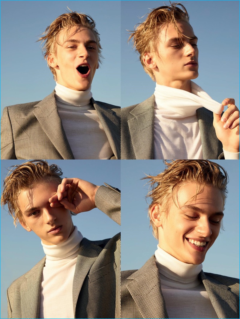Pouring on the charm, Dominik Sadoch sports a turtleneck and sport coat from Versace.