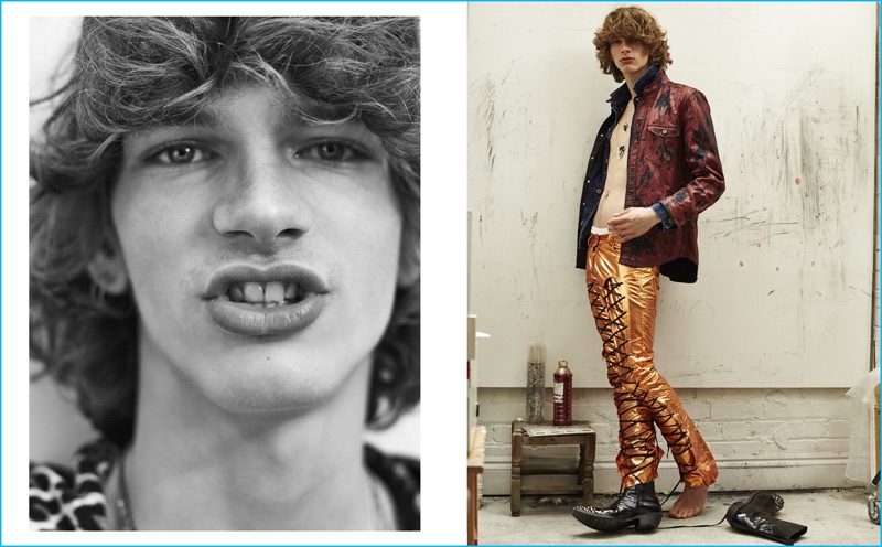 Channeling a rock 'n' roll attitude, Erik van Gills wears a leopard shirt from 3.1 Phillip Lim. Pictured right, Erik sports Katie Eary pants with fashions from Natural Selection and James Long. Erik also rocks Haider Ackermann leather boots.