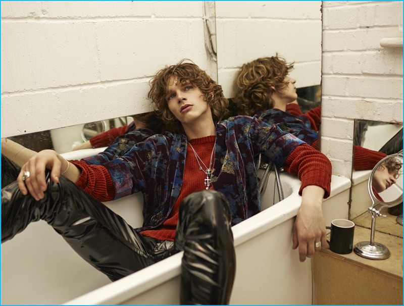 Relaxing in a bathtub, Erik van Gils dons a Wooyoungmi sweater with a Topman Design shirt, and Katie Eary pants.