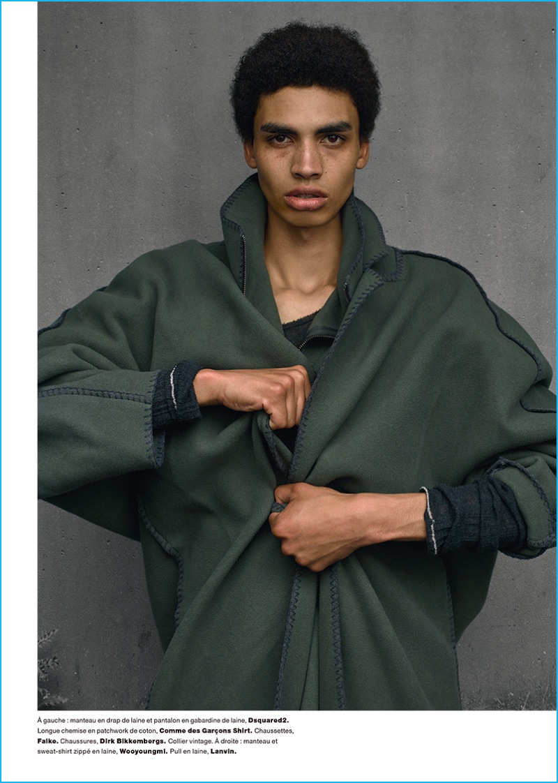 Sol Goss wears a Wooyoungmi jacket with a Lanvin sweater for Numéro Homme.