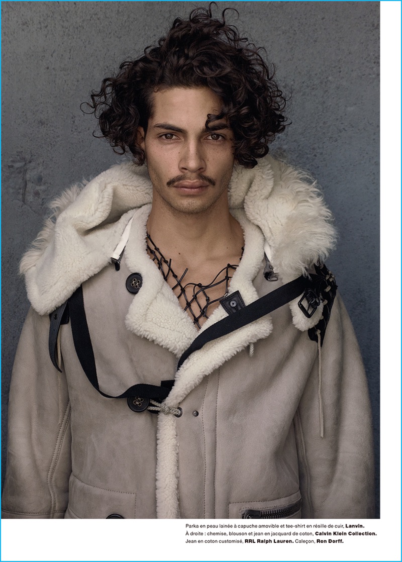 Antoine Lorvo wears a Lanvin shearling jacket for Numéro Homme.