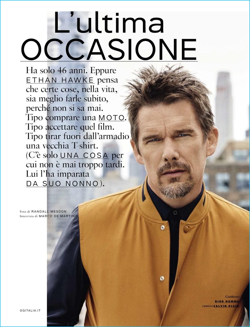 Randall Mesdon photographs Ethan Hawke in a Calvin Klein shirt with a Dior Homme bomber jacket.