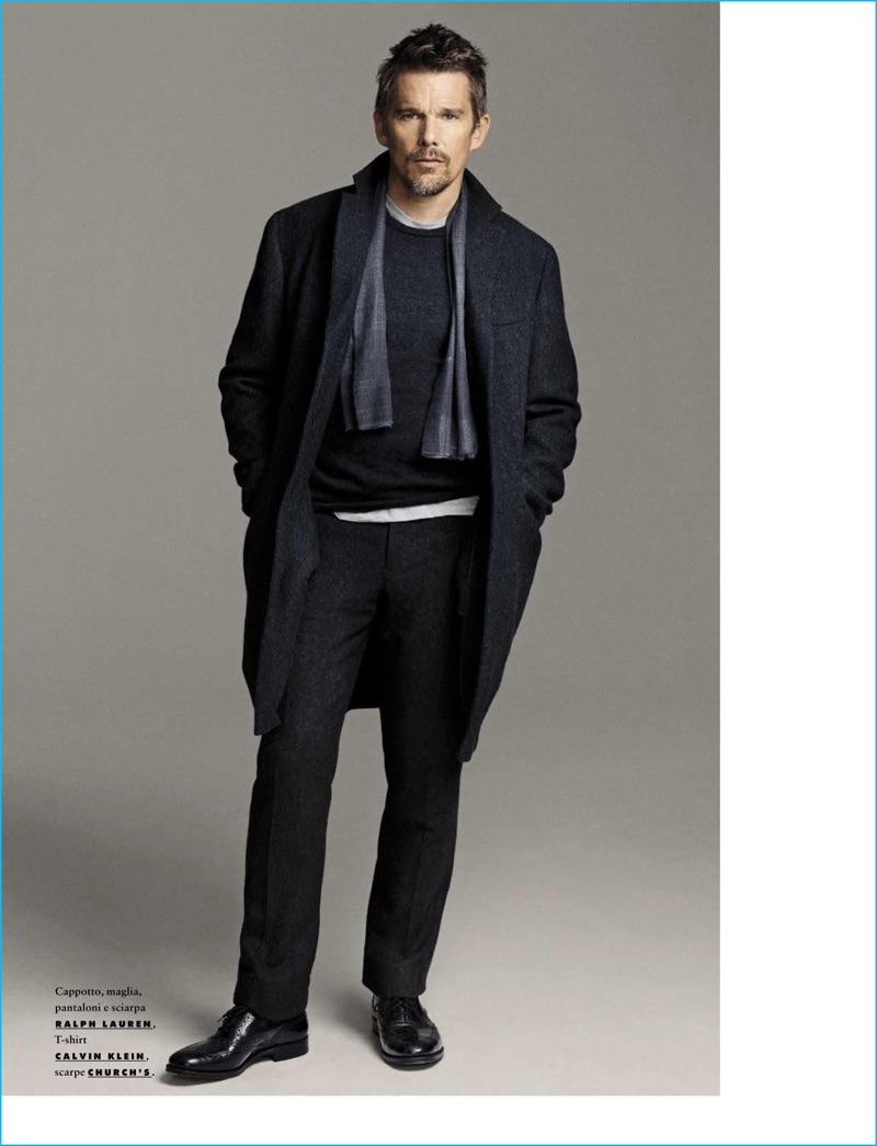 American actor Ethan Hawke dons a coat, sweater, trousers and scarf from Ralph Lauren. Hawke also sports a Calvin Klein t-shirt and Church's dress shoes.