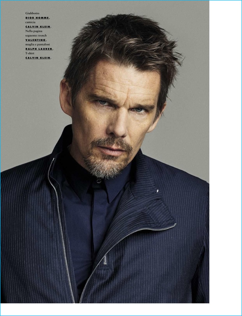 American actor Ethan Hawke is front and center in a Dior Homme jacket and Calvin Klein shirt.