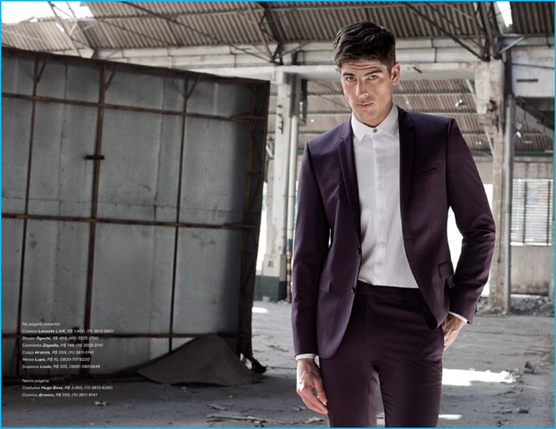 Evandro Soldati dons an Aramis shirt with a Hugo Boss suit for Playboy Brasil.