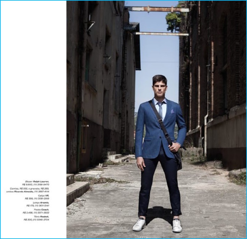 Model Evandro Soldati is front and center in a blue Ralph Lauren blazer and smart separates from other brands.