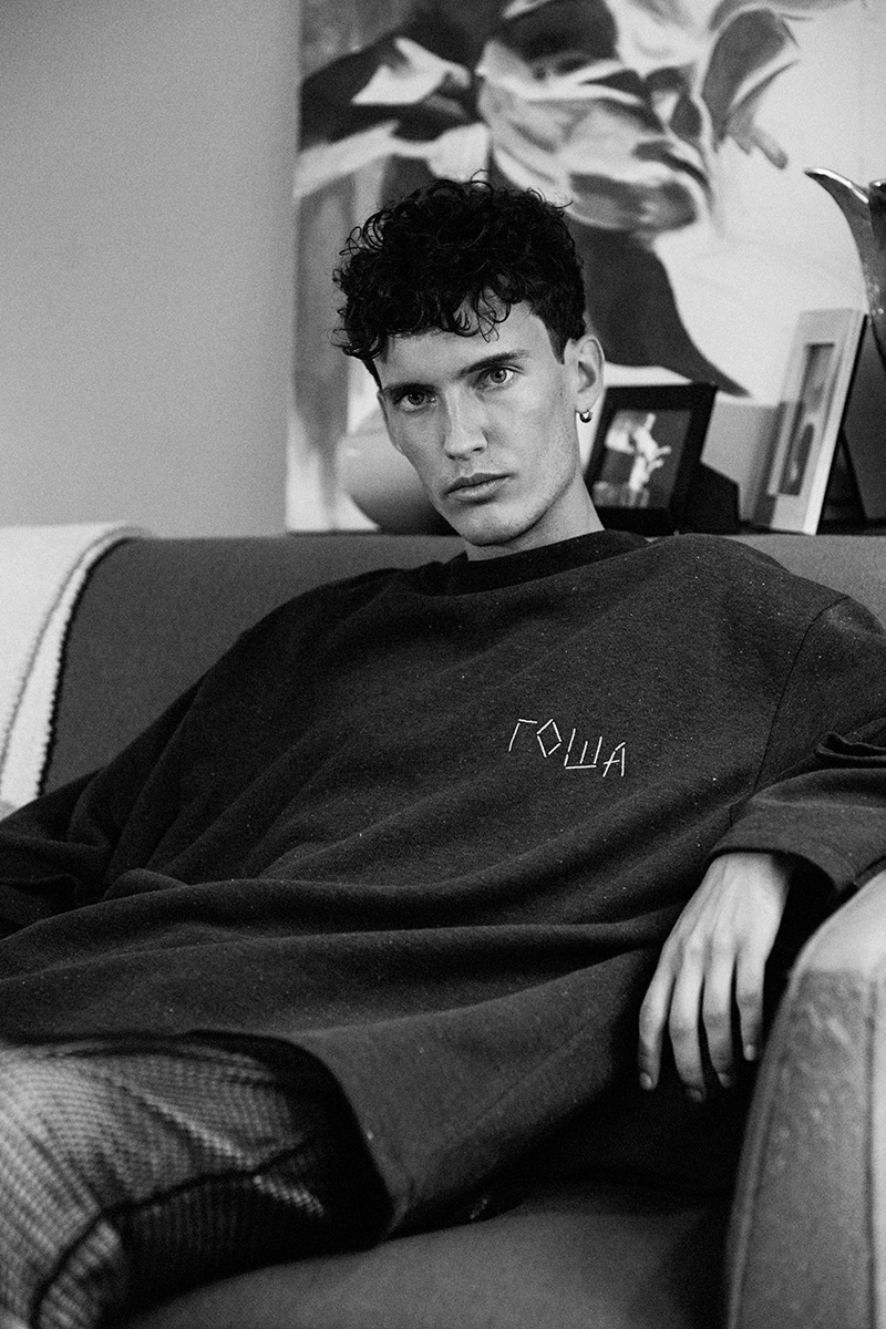 A casual vision, Dzhovani Gospodinov wears a Gosha Rubchinskiy sweatshirt with oversized vintage pants.