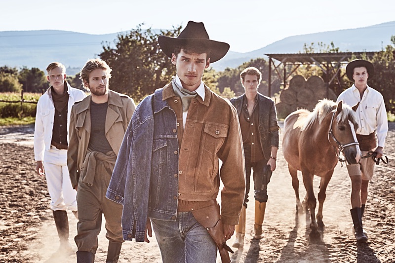 Left to Right: Oliver wears handkerchief The Tie Bar, white denim jeans Levi's, denim shirt G-Star Raw, denim jacket Gap, vintage belt and boots stylist's own. Sven wears sweater Calvin Klein, vintage coat, overalls, and boots stylist's own. Misa wears hat Schilling Kolos, shirt Armani, brown jacket Topman, denim jacket Antifactory Vintage Shop, jeans Levi's, and vintage belt stylist's own. Noel wears vintage clothes and boots stylist's own. Filip wears hat Schilling Kolos, denim shirt G-Star Raw, vintage belt stylist's own, and boots Blackstone.