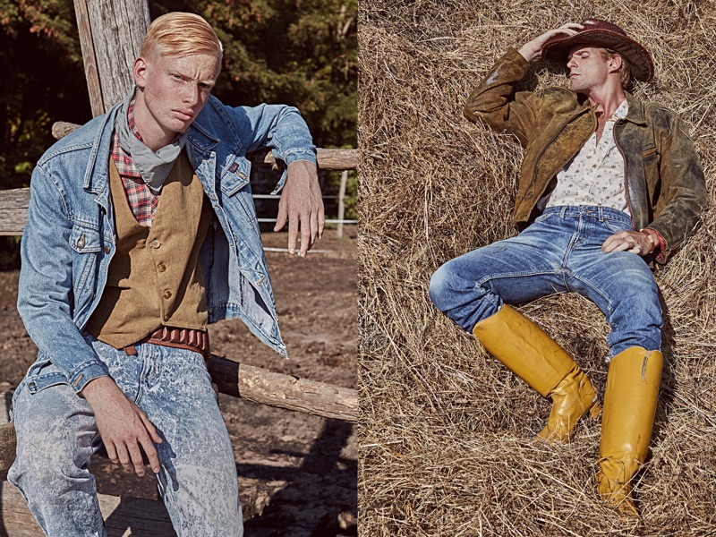 Left to Right: Oliver wears denim jacket Levi's, vintage jeans stylist's own, boots Dr Martens, shirt ASOS, and vest Antifactory Vintage Shop. Noel wears jeans Levi's, shirt and leather jacket Antifactory Vintage Shop, vintage hat and boots stylist's own.